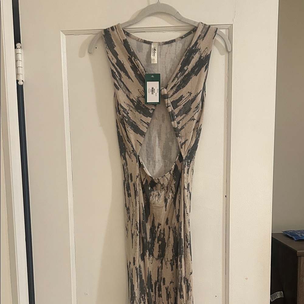 mahina Beige and Black Abstract Backless Maxi Dress